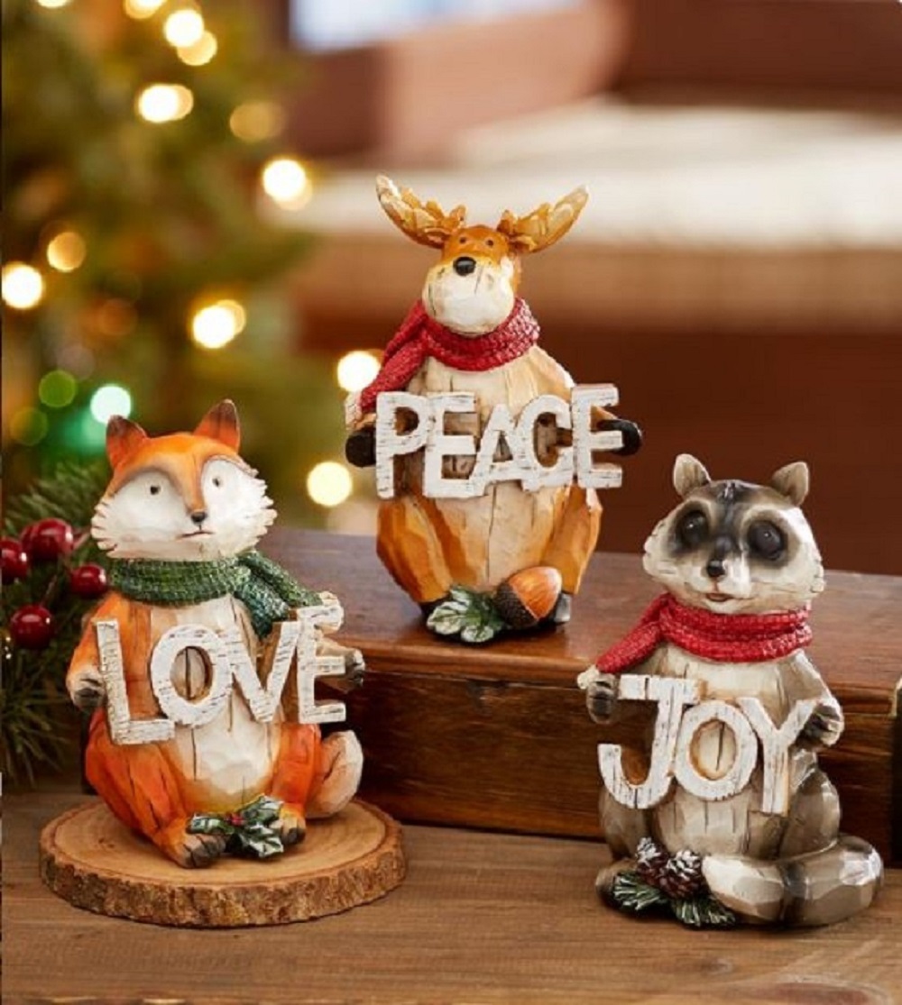 Cute Winter Woodland Animal Set of 3 Love Peace or Joy Imprinted Front of Each - $21.88