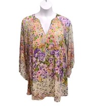 Lavender Brown Womens Medium Floral Print Sheer Bell Sleeve Shift Dress - $20.74