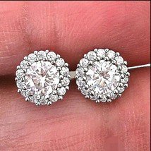 1.05Ct Cubic Zirconia Halo Stud Earrings Brilliant Round 14k White Gold Plated - £37.13 GBP