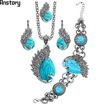 Vintage Peacock Synthetic Turquoises Jewelry Set Necklace Earring Bracelet Ring  - £19.32 GBP