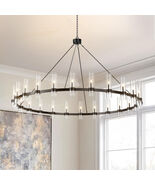 Adjustable 24-Light Industrial Pendant,59" Round Black chandelier w/ Gla... - $459.27