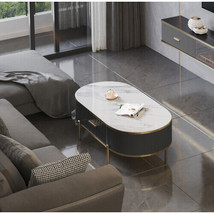 Modern Coffee Table White/Gray Sintered Stone Top &amp; Gold With Drawer - £462.88 GBP