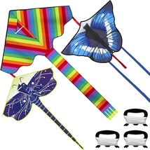 3 Pk Large Kites Easy to Fly Butterfly, Rainbow, Dragonfly W 262 FT Kite String - £20.63 GBP
