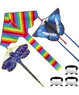 3 Pk Large Kites Easy to Fly Butterfly, Rainbow, Dragonfly W 262 FT Kite... - $35.79 CAD