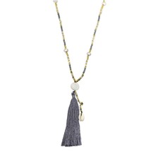 Trendy &amp; Chic Grey and White Tassel Stone &amp; Shell Beaded Long Necklace - £16.14 GBP