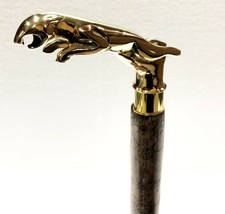 Wooden Walking Stick Brass Jaguar Handle Cane Leather Walking Stick Cane - £29.18 GBP