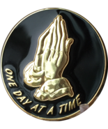 Praying Hands Black &amp; Gold Plated One Day At A Time Medallion Sobriety Chip - $12.99