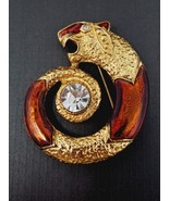 Curved  Leopard Brooch 2.25&quot; Pin Pinback Cat Red and Gold-Toned w Rhines... - £11.55 GBP