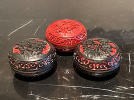 Chinese Cinnabar Red and Black Lacquer Carved Trinket Boxes with Blue Enamel - £348.49 GBP