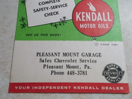Chevrolet Service and Kendall Motor Oils Service Card circa 1950&#39;s - $5.00