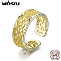 WOSTU Authentic 925 Sterling Silver Gold Color Flowers Finger Rings For Women An - $22.58