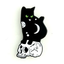 Black Cat Skull Moon Green Eyes Enamel Pin - £6.31 GBP