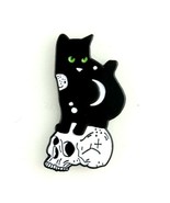 Black Cat Skull Moon Green Eyes Enamel Pin - £6.38 GBP
