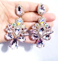 Rhinestone Pierced Earrings, Chandelier Drop Earrings, Pink Pageant Earrings, Gi - £36.75 GBP
