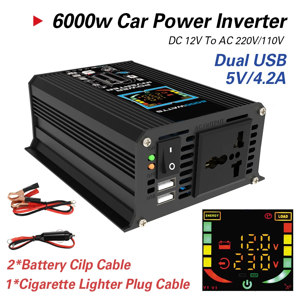 Dc 12v to ac 110v 220v car solar power conversion with dual usb digital display 6000w thumb200