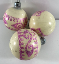 Vintage Lot 3 Ivory Purple Pink Glitter Christmas Ball Glass USA Ornaments - £21.49 GBP