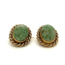 Vtg Sign 12k Gold Filled Oval Jade Stone Cabochon Twisted Rope Clip on Earrings - £35.05 GBP