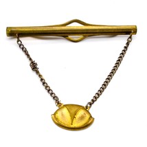 Gold Plate Tie Bar Slide with Chain and Oval Medallion, Art Deco Elegant Tie - £24.88 GBP