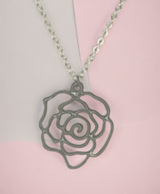 Black Enamel Metal Rose Cutout Pendant Charm Necklace Silver Tone 18&quot; - £3.92 GBP