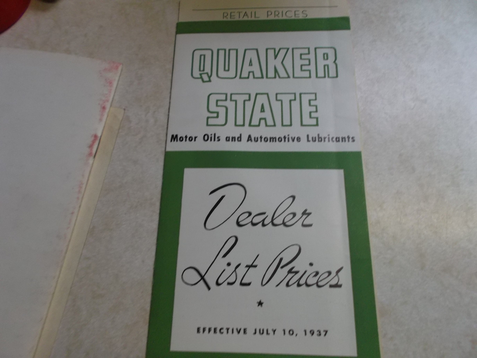 1937 Quaker State Oil & Lub Dealer List Prices Brochure & Distributor Contract - $12.00