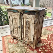 Antique Teakwood Side Table Nightstand 2 Doors Carved Panels - $369.33