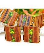 Vintage Wood Bracelet Earrings Set Florida Souvenir Palm Trees Painted - £15.63 GBP