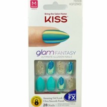NEW Kiss Nails Glam Fantasy Press Glue Manicure Medium Gel Almond Aqua Silver - £12.69 GBP