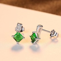 Cute Green Square Cubic Zirconia Crystal Silver Earrings - £15.22 GBP+