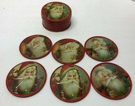 VINTAGE Santa Claus Set of 6 Cork Backed Metal Coasters - $9.90