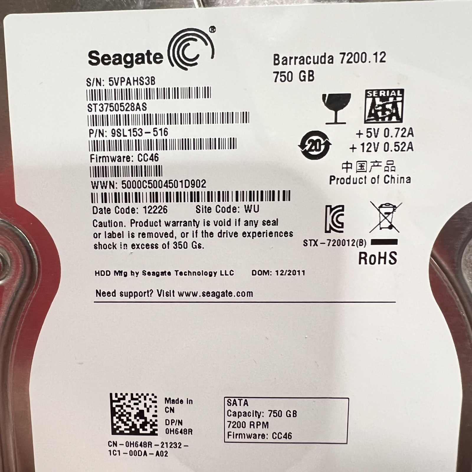 Seagate Barracuda 7200.12 750 GB SATA Hard Drive for Parts - $2.96