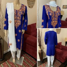 Pakistani Blue &amp; White Straight Shirt 3-PC Lawn Suit w/ Gottawork ,Large - $74.25