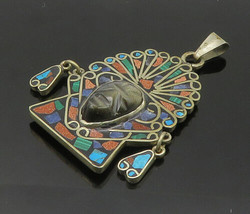 MEXICO 925 Silver - Vintage Face Carved Obsidian &amp; Multi-Stone Pendant - PT16768 - $131.05