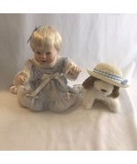 porcelain girl doll Pin Stripe Dress sitting down with A puppy - £14.86 GBP