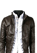 Men Biker Jacket Chocolate Brown Vintage Leather Belted Collar Front Zip... - $2,546.82 MXN