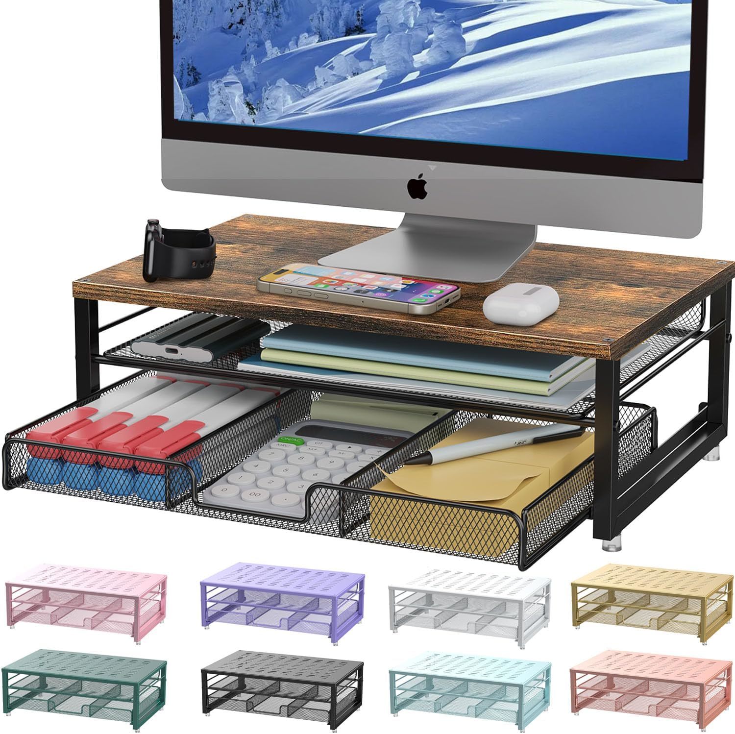 Gianotter Computer Monitor Stand Riser, Office Organizer With Drawer,, Wood - $35.98