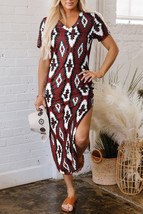 Red Western Aztec Printed Long T-shirt Dress - $253.08 MXN