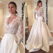 Elegant V Neck Long Sleeves Appliques Wedding Dresses with Pockets - £217.65 GBP