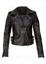 New Handmade Woman Brando Style Silver Studded Cowhide Biker Leather Jac... - $139.49
