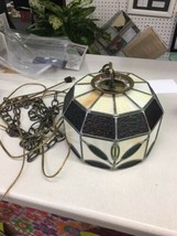 Vintage Leaded Stained Glass Swag Hanging Lamp 10&quot; Mid Century Mod amber green  - £120.91 GBP
