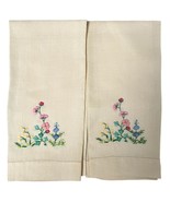 Pair of Vintage Yellow Linen Tea Towels Puffy Embroidered Flowers 24 x 14&quot; - £7.72 GBP