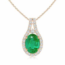 ANGARA Classic Emerald and Diamond Halo Pendant in 14K Solid Gold | 18&quot; Chain - £1,217.20 GBP