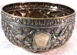 Antique Thai Siam Songkran Water Festival Repousse Sterling Silver Bowl 526g - £800.49 GBP