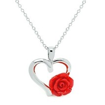 Open Heart Red Rose Flower Pendant Necklace Women Fashion, 16+1 inches Chain - £46.39 GBP