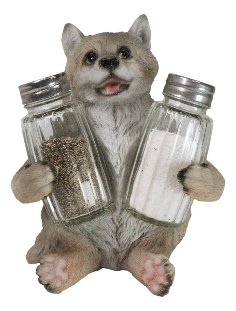 Full Moon Spice Lover Gray Wolf Pup Salt and Pepper Shakers Holder Figurine - $23.99