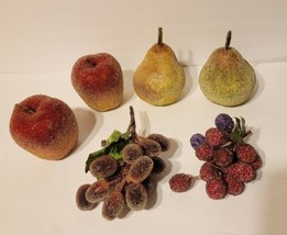 Vintage Sugared Beaded Fruit Frosted Faux Apple, Purple Grapes, Pears Set of 6  - £20.02 GBP