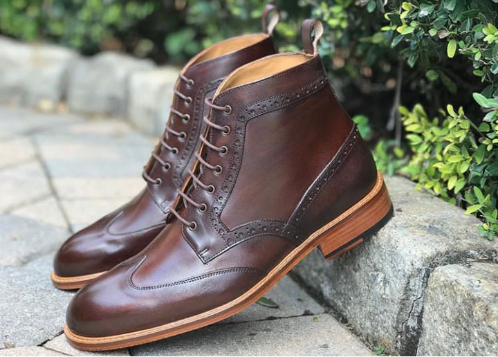 NEW Men's Brown Lace Up Stylish Boot, Men's Ankle High Genuine Leather Wing Tip