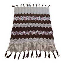 Handmade Chevron Crochet Blanket Throw Brown Fringes 54x39” - £23.29 GBP