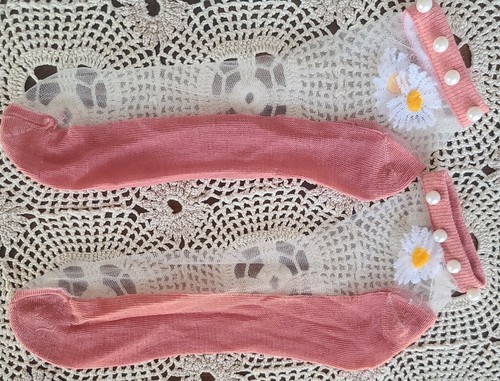 Handcrafted ~ Coral ~ Embellished w/Pearls ~ Embroidered Daisy ~ Ankle Socks Item image 3