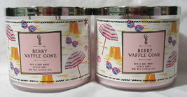 Bath &amp; Body Works 3-wick Scented Candle Lot Set of 2 BERRY WAFFLE CONE essen oil - £50.19 GBP