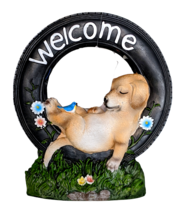 Solar Welcome Puppy Sleeping in Tire Statue Dog Figurine Garden Patio Deck 12.6&quot; - £34.88 GBP